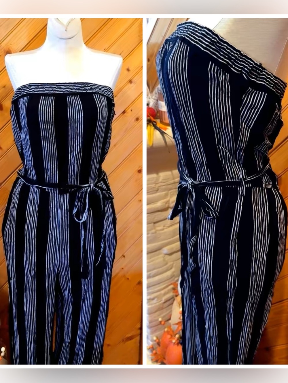 Fruits & Flower Mercury Stripe Strapless Wide Leg Jumpsuit M Pockets